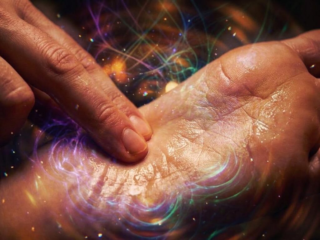 432 Hz e rigenerazione cellulare: un dito tocca una pelle oliata, stimolando onde di energia luminosa e colorata che si irradiano verso l'esterno, simboleggiando la guarigione. Le onde rappresentano visivamente la frequenza a 432 Hz.