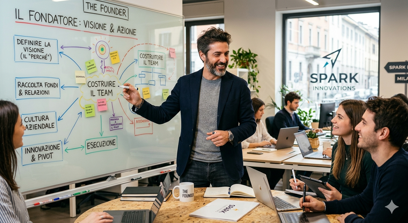 Un fondatore maschio sorridente spiega le fasi chiave dello sviluppo aziendale su una lavagna bianca a un team in ufficio. Il diagramma illustra visione, team, cultura, esecuzione e innovazione. È l'essenza di: Cosa fa un The Founder o Il Fondatore?